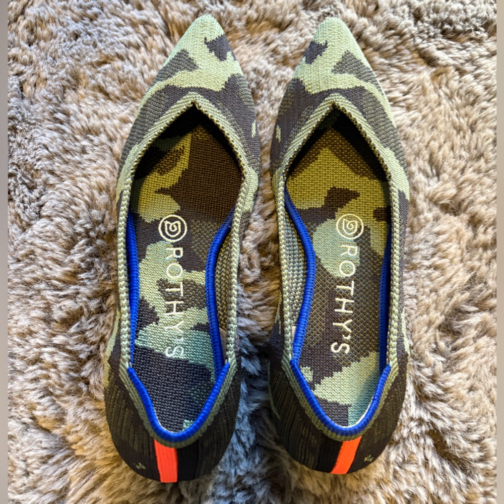 Rothy's Green Camouflage Flats with Orange Stripe